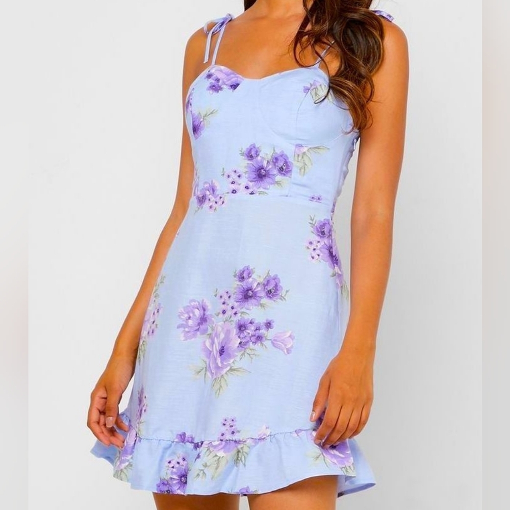 ​Forever 21 Purple Floral Linen Blend Mini Dress Tie Shoulder Ruffle - L